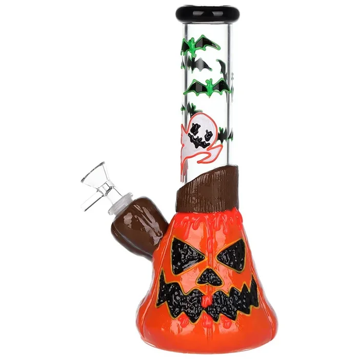 Bats ‘n’ Ghouls Jack-O-Lantern Glow in Dark Glass Water Pipe – 10″ / 14mm F