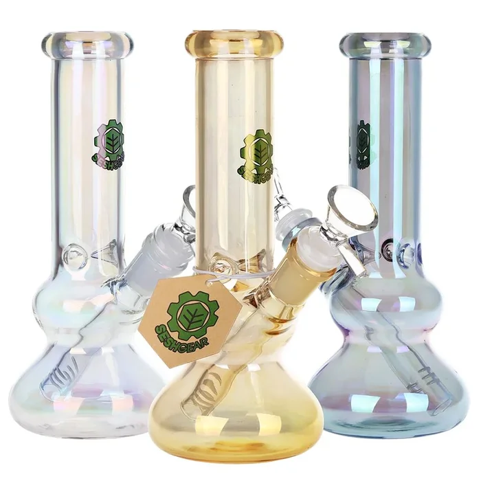 SeshGear Double Bubble Electroplated Glass Water Pipe – 8″ / 14mm F / Colors Vary