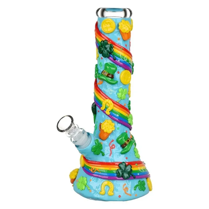 St. Patrick’s Day Rainbows and Gold Glow In The Dark Water Pipe – 10″ / 14mm F